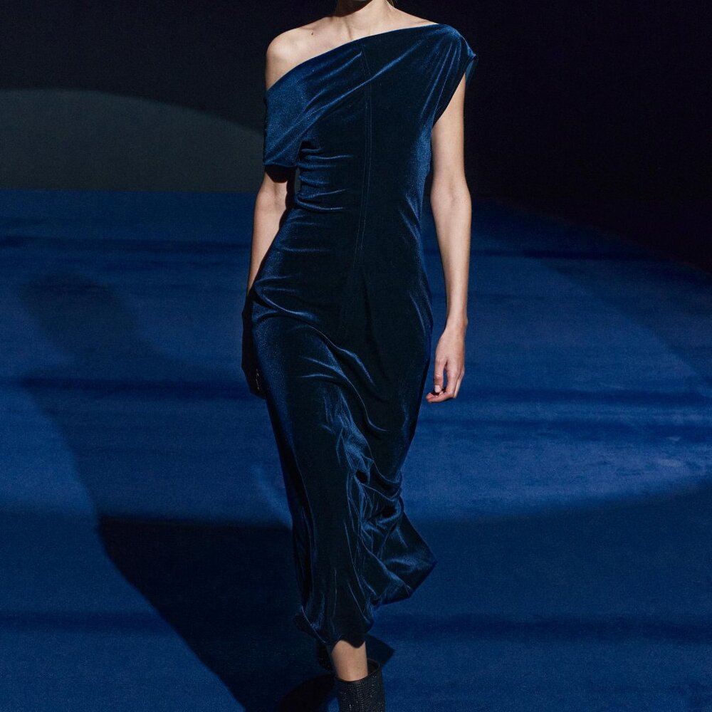 Zara Velvet Midi Dress ZW Collection in Navy Blue, XS